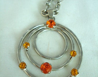 Three Ring-Pendant Necklace - Metal with 6 Orange Rhinestones / Crystals - Chain- Vintage - Early 90's Jewelry -  Summer Necklace