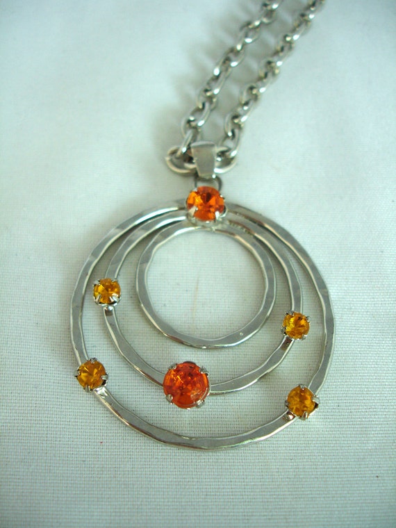 Three Ring-Pendant Necklace - Metal with 6 Orange… - image 1