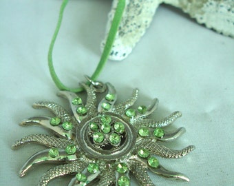 Sun Pendant Necklace - Metal with Green Rhinestones / Crystals - Green Suede Cord - Vintage - Early 90's Jewelry -  Summer Necklace