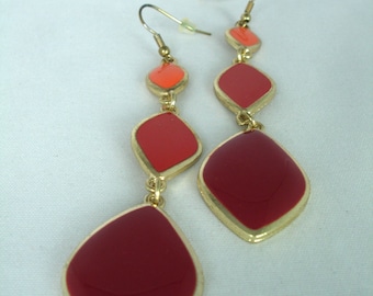 Vintage Earrings - 3 Rhombs- Bordeaux, Brick-Red,90's, Retro, Fashion Jewerly, Enamel, Golden, Nickel-Free