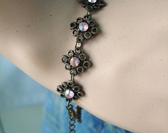 Vintage Oxidized Silver Bracelet with Pink Rhinestones, Crystals - Early 90s Bacelet - Shabby Chic