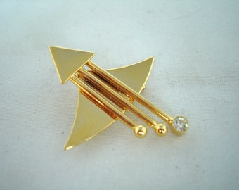 Vintage Brooch - Pin - Arrow with Wings- Gold Metal - Fashion Jewelry -  Tiny Crystal Bead - Gift idea