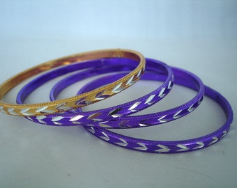 Set of 4 Bangles - Vintage - Silver, Puple, Yellow, Golden - Retro - 90's - Metal Bracelets - Fashion Jewelry