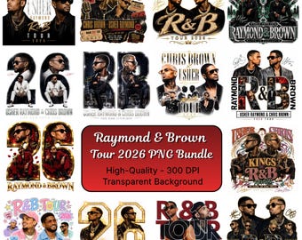 May include: A digital collection of fifteen graphic designs featuring Chris Brown and Usher Raymond for the R&B Tour 2026. The images include portraits, concert photography, stylized text, and tour branding in various layouts and color schemes.