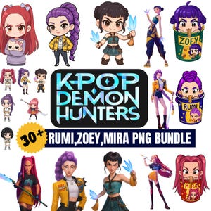 Puede incluir: Un paquete de arte digital con ilustraciones de personajes de estilo anime. Los personajes tienen diferentes colores de pelo y atuendos. Se muestra el texto "KPOP DEMON HUNTERS", junto con "RUMI, ZOEY, MIRA PNG BUNDLE".