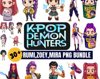 Paquete de imágenes PNG de Cazadoras de Demonios Kpop / Imágenes prediseñadas de Huntrix Zoey Rumi Mira / Paquete de gráficos K-pop para chicas / Merchandising para fans del Kpop / Sublimación estilo anime