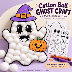 May include: A ghost craft made of white cotton balls, wearing a purple witch hat, holding an orange pumpkin. Includes printable templates on 21.59 x 27.94 cm paper, with text Cotton Ball GHOST CRAFT A fluffy little Halloween friend.