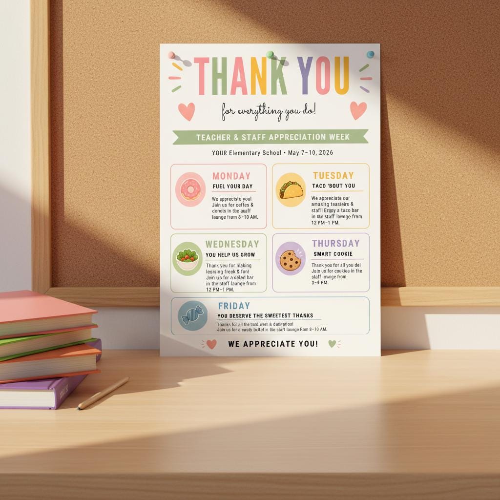 Teacher Appreciation Week Itinerary Flyer, Printable Teacher & Staff ...