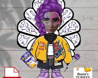 Dämon Rumi verschleiert einen Truthahn zum ausdrucken - KPOP Star Rumi Dämon die Türkei in Verkleidung - Kids Thanksgiving Craft Verstecken ein Truthahn DIY Projekt
