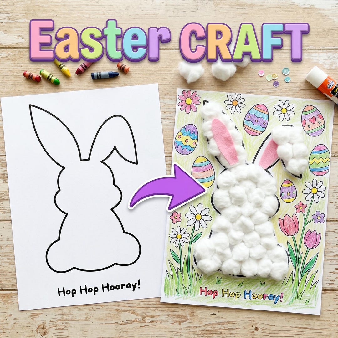 Easter Bunny Template Craft for Kids, Printable Cotton Ball Craft ...