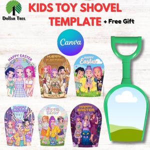 May include: A green plastic toy shovel with a blue and white sky and green grass design. The image includes several Easter-themed shovel templates with anime-style illustrations and the text "HAPPY EASTER". The text "KIDS TOY SHOVEL TEMPLATE + Free Gift" is also visible.