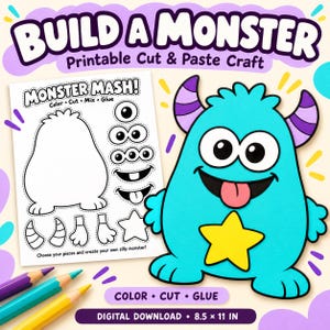 May include: A Build a Monster printable cut and paste craft featuring a black and white activity sheet with monster parts and a finished bright blue monster with purple striped horns, a yellow star, and a pink tongue. Digital download 8.5 x 11 in.