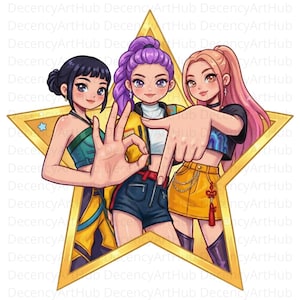 Puede incluir: Ilustración de tres figuras estilizadas en un marco en forma de estrella. Las figuras tienen cabello oscuro, morado y rosa. Llevan atuendos coloridos, incluyendo una chaqueta amarilla, pantalones cortos azules y una falda amarilla. El texto "DecencyArtHub" se repite.