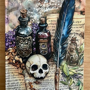 May include: A watercolor illustration featuring a skull, apothecary bottles, a large blue feather, and dried herbs. The bottles have cork stoppers and are filled with dark liquids. The background includes aged paper with script.