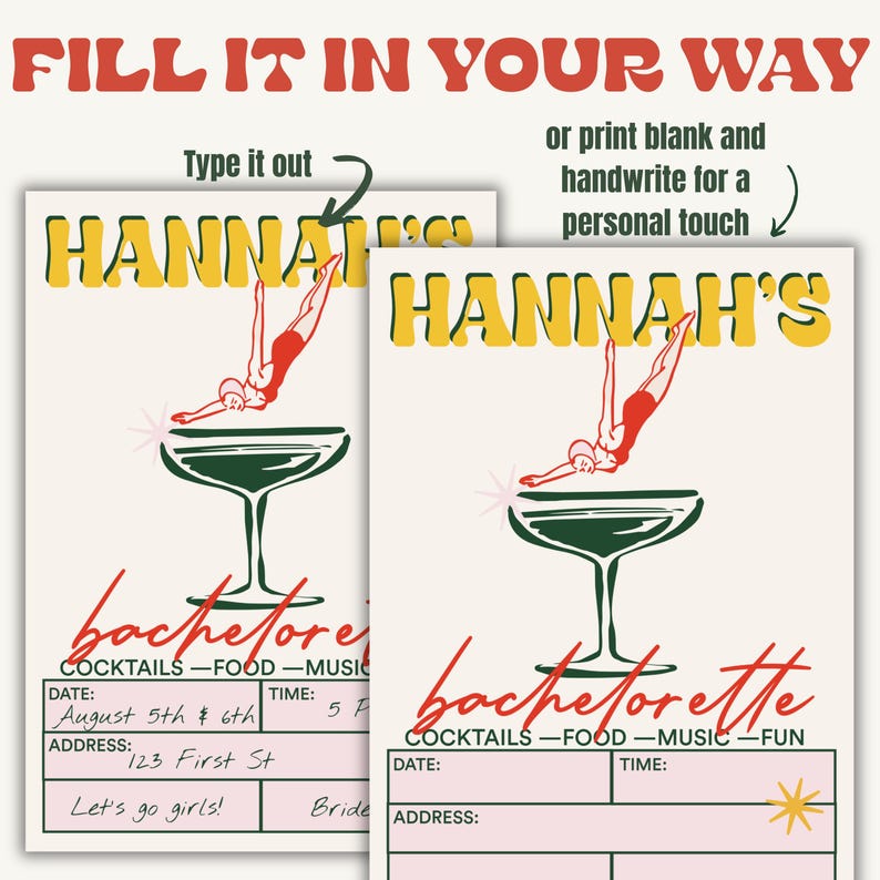 Editable bachelorette invitation and itinerary template showing options to type or handwrite. Retro cocktail party design.