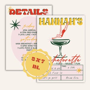 Printable bachelorette invitation and itinerary set in retro cocktail style. Editable Templett template sized 5x7 inches.