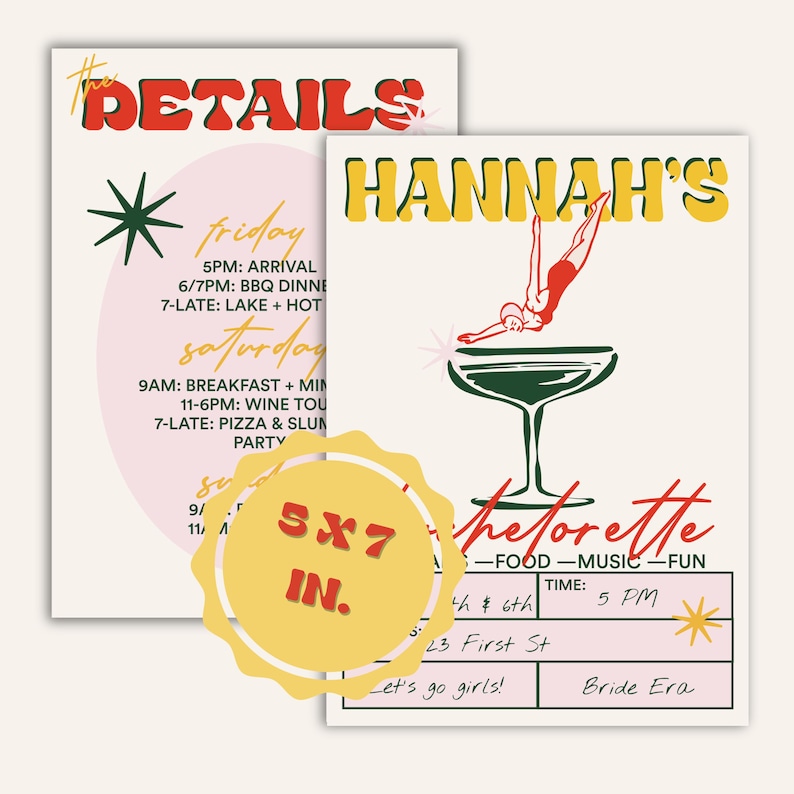 Printable bachelorette invitation and itinerary set in retro cocktail style. Editable Templett template sized 5x7 inches.