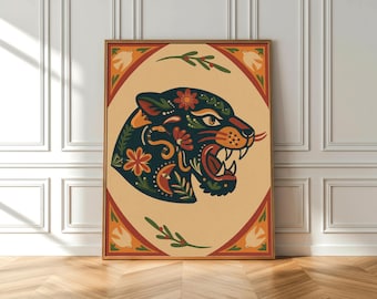 Floral Folk Panther Art Print – American Traditional Tattoo Style Print, Multiple Sizes