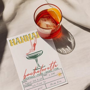 Editable retro cocktail bachelorette invitation card styled with a drink and soft linen background. Mid-century design for vintage party themes.