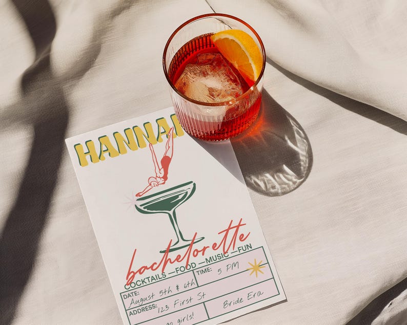 Editable retro cocktail bachelorette invitation card styled with a drink and soft linen background. Mid-century design for vintage party themes.