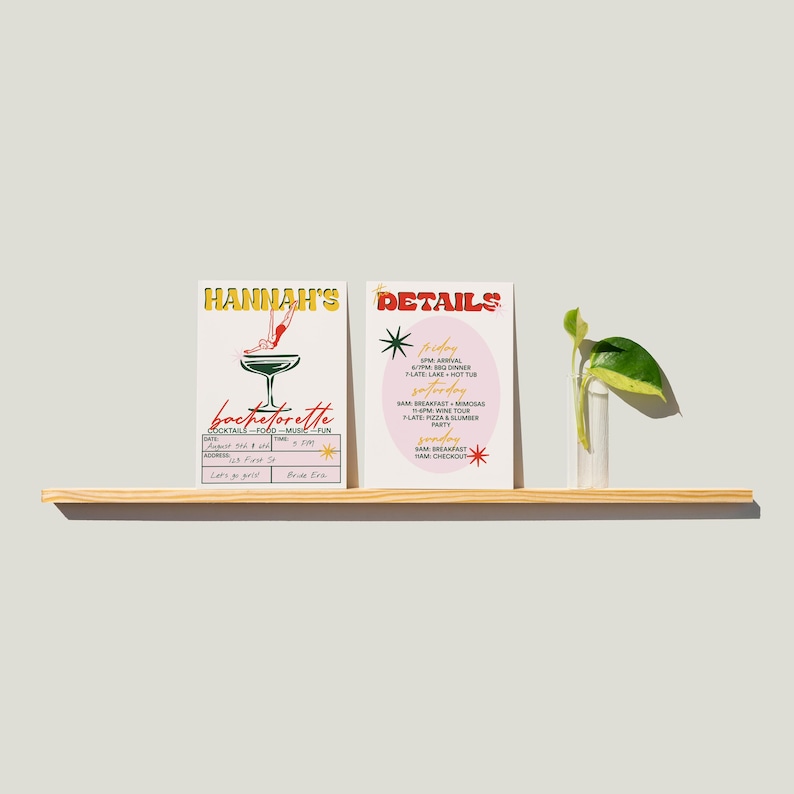 Printable retro bachelorette invitation and itinerary template styled with a modern shelf and plant. Editable for cocktail parties and vintage themes.