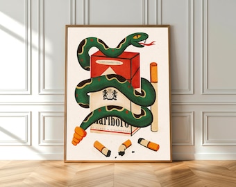 Cigarette Poster Print, American Traditional Snake Tattoo Inspired Wall Art, Cigarette Illustration, Retro Style Tobacco Poster