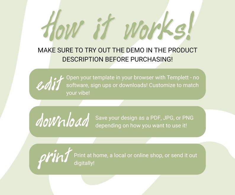 Instructions for editing, downloading, and printing the editable bachelorette invitation and itinerary template using Templett.