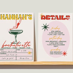 Vintage cocktail bachelorette invitation and itinerary cards displayed on wooden stand. Editable Templett template for bride parties and weekends.