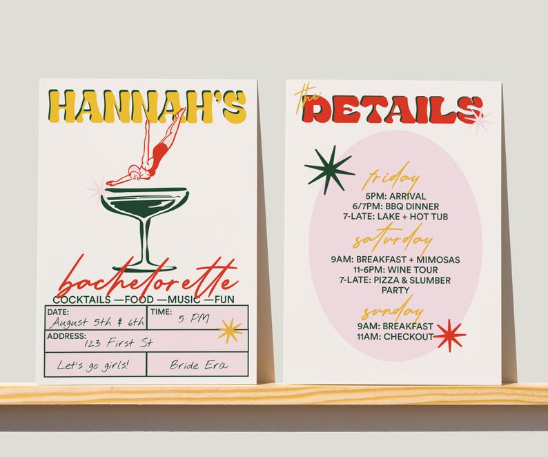 Vintage cocktail bachelorette invitation and itinerary cards displayed on wooden stand. Editable Templett template for bride parties and weekends.