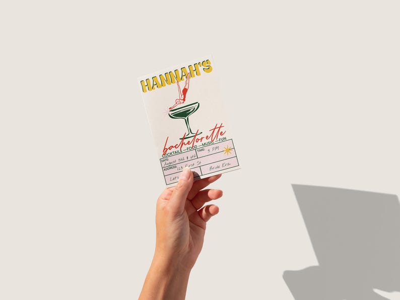 Editable retro bachelorette invitation card with mid-century cocktail theme. Shown held in hand for scale and style.