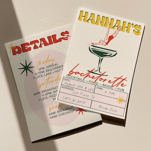 Retro Bachelorette Einladung und Reiseplan - Vintage Bachelorette Vorlage - Cocktailparty - Templett Digitale Vorlage