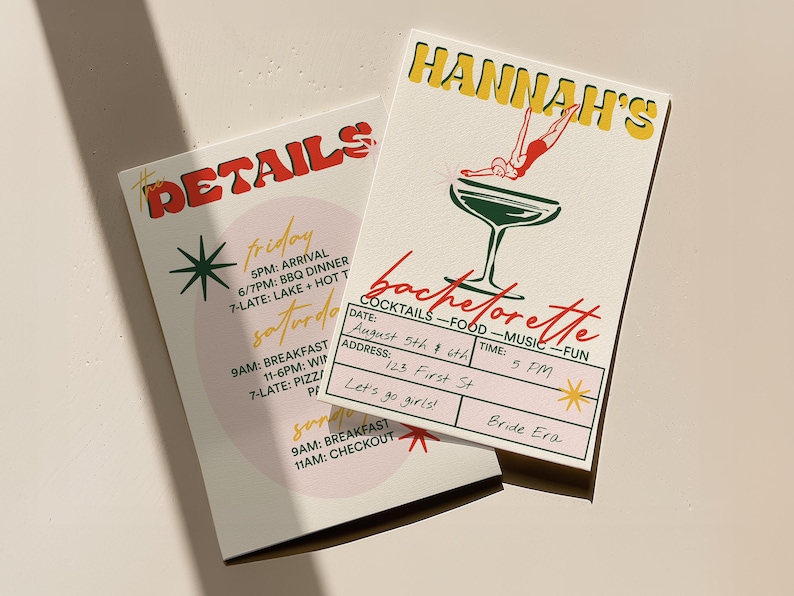 Retro cocktail bachelorette invitation and itinerary template with mid-century modern style. Editable Templett design in cream, red, green, and yellow.