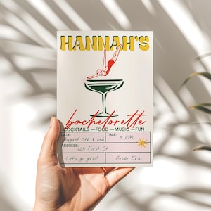 Hand holding up an editable vintage bachelorette invitation card featuring a martini glass and retro typography. Printable Templett design for cocktail-themed parties. Plant and shadows in the backfround.