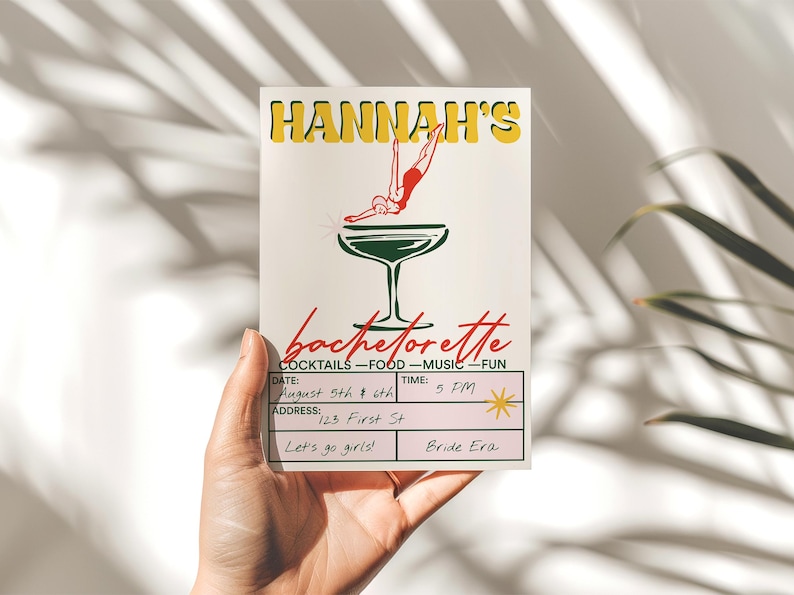 Hand holding up an editable vintage bachelorette invitation card featuring a martini glass and retro typography. Printable Templett design for cocktail-themed parties. Plant and shadows in the backfround.
