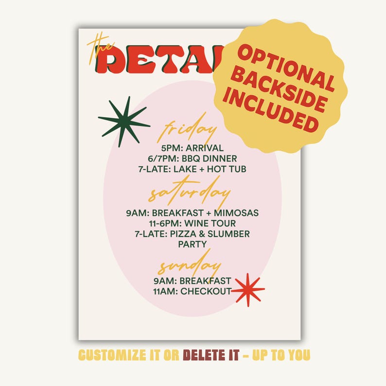 Editable bachelorette itinerary card with optional backside. Retro cocktail design with palm and starburst graphics, customizable in Templett.
