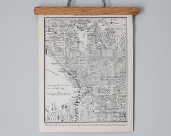 Seattle Map 1930s Vintage Original | Gift Quality & Suitable for Framing | Antique City Street Map Wall Art Print in Black and White