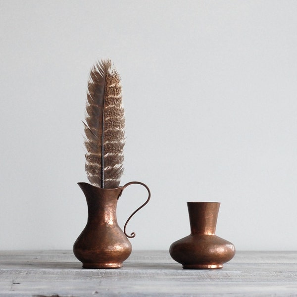 Vintage Hammered Copper Set / Mid Century Metalware Pitcher and Vase