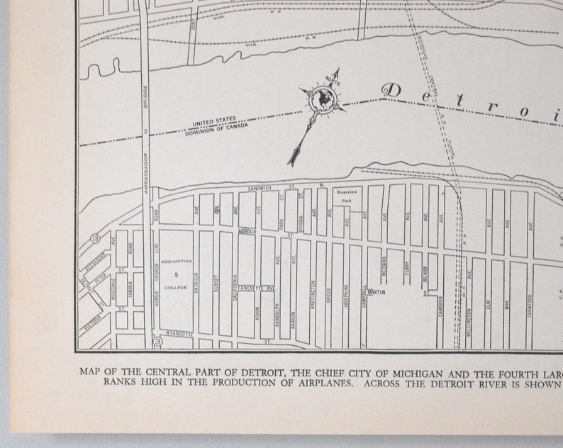 Vintage Detroit Map Antique Original 1930s Detroit Michigan Map Antique City Street Map Wall Art Print in Black and White image 3