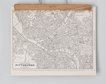 Vintage Pittsburgh Map | 1930s Original Antique City Street Map Print in Black and White | Pittsburgh, PA Wall Art Suitable for Framing