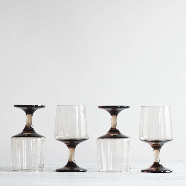 1970s Wine Glass Set | Smoky Brown Wine Glasses | Set of Four Vintage Barware