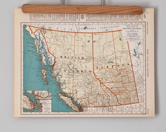1930s Vintage Maps of British Columbia, Alberta, Saskatchewan & Manitoba, Canada | Canadian Provinces | Antique map color print