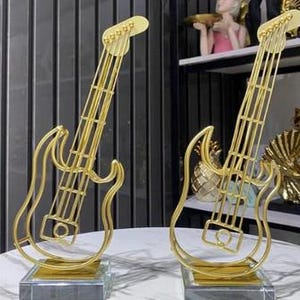 Gold Wire Guitar and Violin Sculptures, Modern Metal Musician Decor, Abstract Art Figurines, Desk Ornament, Gift for Music Lovers,