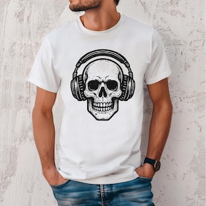 Skull With Headphones Shirt Skull T Shirt Skull Graphic Tee Gothic Shirt Punk Skull T-Shirt Halloween Shirt Skeleton Shirt Skull T-Shirt