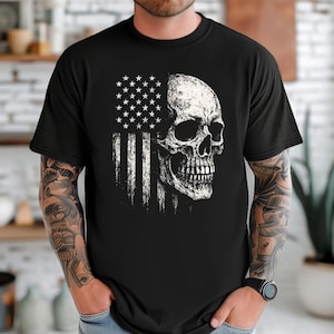 American Flag an Skull Shirt Halloween Shirt Skull Graphic Tee Skull T Shirt Gothic Shirt Skeleton Shirt Skull T-Shirt Punk Skull T-Shirt