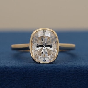 4.50CT Cushion Cut Lab Grown Diamond Engagement Ring: 14K Solid Gold Bezel Solitaire