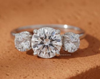 4.25TCW Round Cut Three Stone Lab Grown Diamond Engagement Ring Hidden Halo Set Diamond Ring IGI Certified Diamond Anniversary Ring For Her