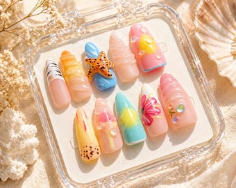 3D Beach Press On Nails – Sunset Starfish, Long Almond Shape Fairy Nail/Summer Nails