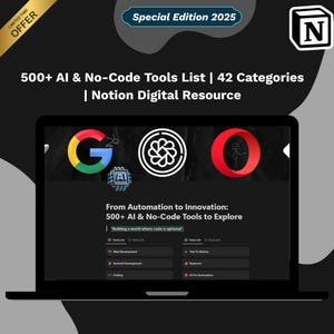 May include: A laptop computer screen displaying a website with the text "From Automation to Innovation: 500+ AI & No-Code Tools to Explore" and the logos for Google, Opera, and Notion. The website lists categories of tools, including "AI for Automation", "Research", and "Web Development".
