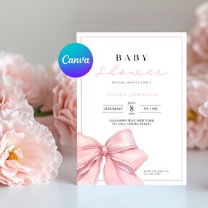 Pink Bow Baby Shower Invitation Template Printable, Baby Girl, Pink Baby Shower Invite, Baby Shower Invitation Girl Coquette Bow B1 #004