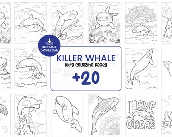 Pages à colorier d'épaulards pour les enfants – 20 feuilles d'orques à imprimer, livre de coloriage animaux marins PDF JPG, téléchargement immédiat #102